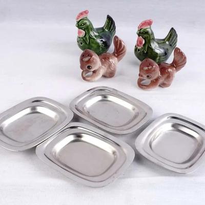 Vintage Lundtofte Denmark Stainless Trays and Unmarked Ceramic Rooster & Squirrel S&P Sets