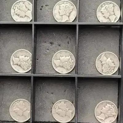 Lot of U.S. Coins: 9 Silver Mercury Dimes  – 90% Silver