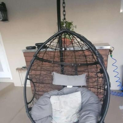 GDF Studio Outdoor Wicker Hanging Basket Egg Chair with Cushions and Stand