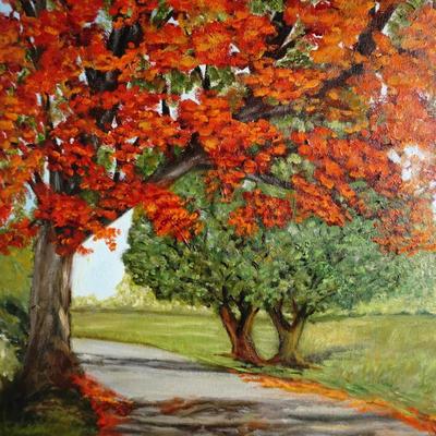 Original 1991 Alma Hefley Signed Oil Painting - Royal Poinciana Landscape Art