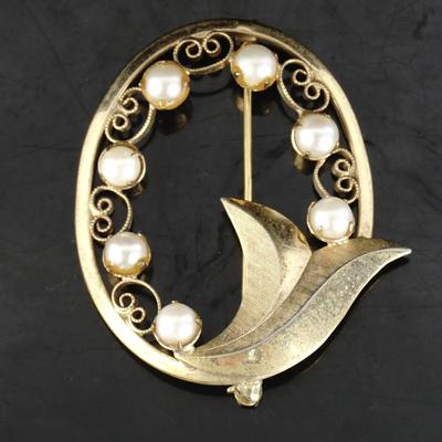 Vintage Signed Catamore 1/20 12K Gold Filled Faux Pearl Brooch