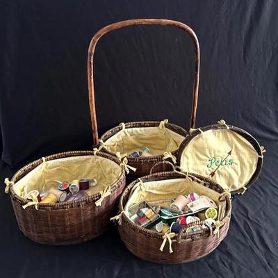 Vintage 3-Tier Chinese Wedding Basket with Vintage Sewing Notions & Supplies