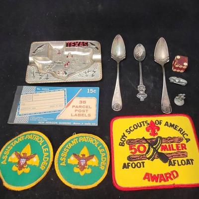 Rolex Silver Plated Spoon, Texas Ashtray, Boy Scout Patches, Dice, Monopoly Figures