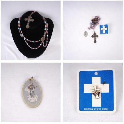Vintage Religious Jewelry Set: Rosary, Saints Pendant & Witness Pin