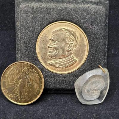 Pope John Paul Token With Angel Token And Mary And Jesus Glass Cameo Pendant.