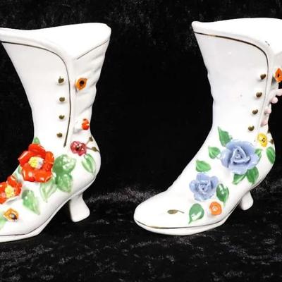 Vintage Set of 2 Victorian Porcelain Shoe Boots - Hand-Painted Roses & Gold Accents