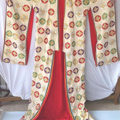 Genuine Vintage Japanese Silk Kimono – Vibrant Multicolor Brocade with Red Lining