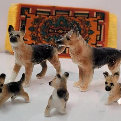 Porcelain German Shepherd Family & Mini Woven Tobacco Advertising Rug