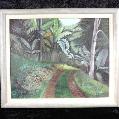 Original 1988 Signed Alma Hefley Oil Painting on Canvas - Framed Jungle Road Landscape Scene