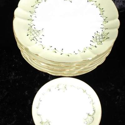 Haviland & Co. Limoges Plates: Hand-Painted Green Foliage & Gold Trimmed Dessertware