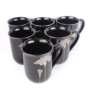 LOT OF 6 Vintage Otagiri  Black Golden Iris Japan Gold Trim  Mug