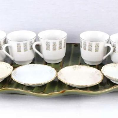 Vintage Signed M&C Limoges France Mini Saucers, 1990s China Cups & Pottery Barn Green Leaf Platter