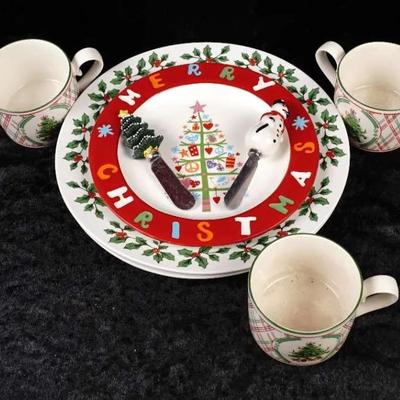 Christmas Holiday Lot: Royal Norfolk Plates, International Japan Mugs & Cracker Barrel
