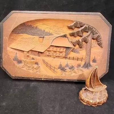 1940s Syroco Wood Sailboat & Hand-Carved Relief Landscape Plaque – Vintage Decor Set