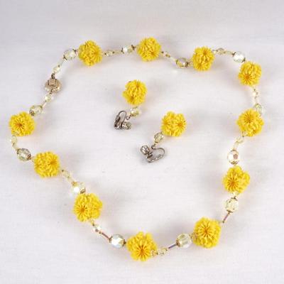 1960's Fashion Yellow Plastic Flower Necklace and Earrings Set