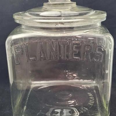 1930s Clear Square Peanut Planters Jar With Lid