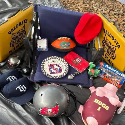 Sports Memorabilia Mega Lot - Bucs Helmet, Gators Football, Rays Hats & More