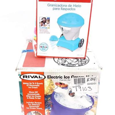 NIB Sunbeam Snow Cone Maker & Rival Electric Ice Cream Maker - Vintage New Set