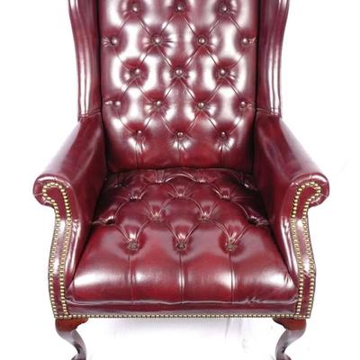 Vintage Queen Anne Style Burgundy Leather Wingback Armchair - Cabriole Legs