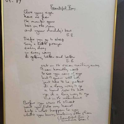 Rare Limited Edition Serigraph John Lennon Handwritten Lyrics For Song "Beautiful Boy" COA 323/1000
