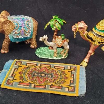 Rhinestone Enamel Camel, Palm Tree, Elephant Trinket Boxes + Mini Woven Tobacco Advertising Rug