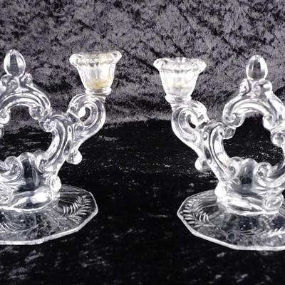 2 Pairs Of Vintage Clear Glass Double-Arm Candelabras