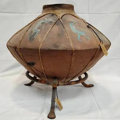 Southwestern Kokopelli Terracotta Vessel on Wrought Iron Stand
