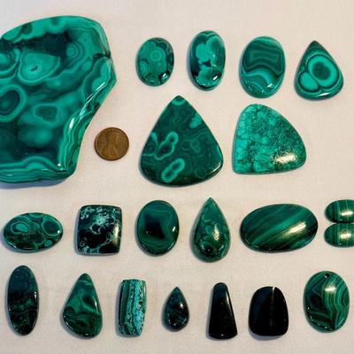 Large Malachite Cabochon Lot – Polished Freeforms, Ovals & Pendants – 20+ pcs
