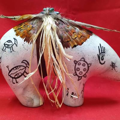 Signed Ceramic Bear Sculpture with Feathered Headdress