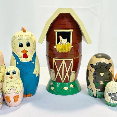 Matryoshka Nesting Dolls - Barnyard With Chicken Family And Farm Animal 