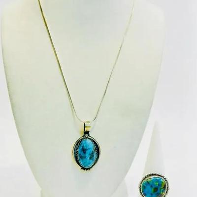 Sterling Rope Chain Kingman Turquoise Pendant Necklace & Sonoran Gold Turquoise Ring Sz 6.9