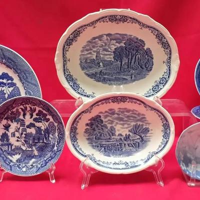 Mixed Vintage Blue & White Ceramic Plates — Crindley England Transferware & Japanese Floral Examples