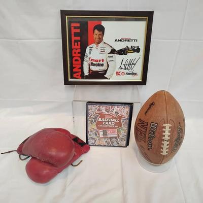Vintage Sports Memorabilia Lot - NFL, MLB, Boxing & Michael Andretti Signed Art