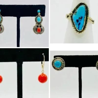 Navajo Earrings in Sterling and Turquoise + Turquoise Ring