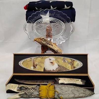 American Patriot Eagle Collector Lot - Bicentennial Plate, Knives & Flags