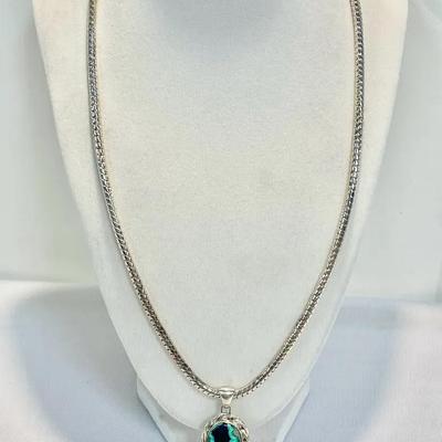 Herringbone Chain Sterling Azurite-Malachite Necklace 22” 