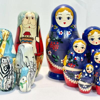 Russian Blue Floral Nesting Dolls Noah’s Ark Matryoshka Complete Sets