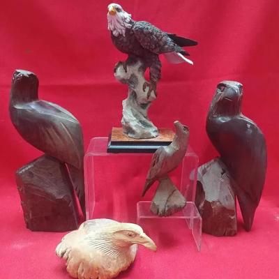 Decorative Bird Figurine Lot – Five Distinct Styles Including Carved Wood and Resin Eagles