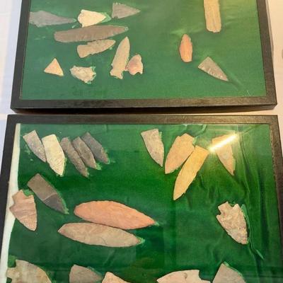 Framed Displays of Stone Arrowheads & Blades – Mixed Lithic Points & Tools – Approx. 30 pcs