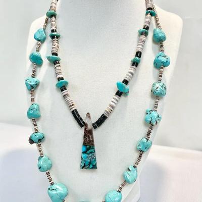 Vintage Multi-Stone Inlay Pendant Necklace & Heishi Bead W/ Turquoise Necklace By Navajo Artisan
