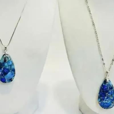 2x Sterling Blue Imperial Jasper Pendant Necklaces 