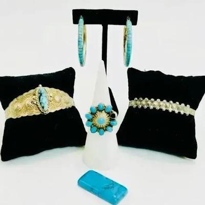 Engraved Cuffs, Turquoise Ring And Hoop Earrings + Money Clip