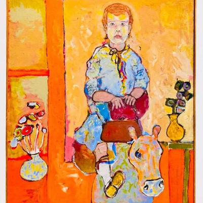 Child on Toy Horse Oil Canvas Painting 