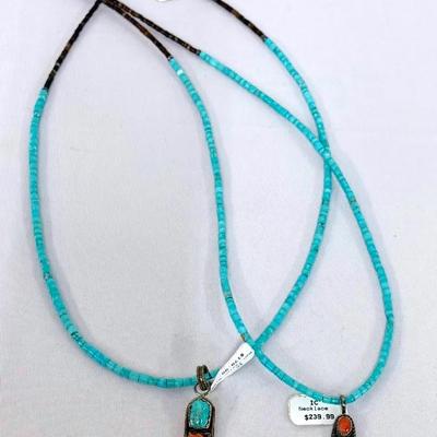 Ben Taylor Riggs & Charlene Little Sterling Turquoise & Coral Pendants w/Turquoise Bead Necklaces