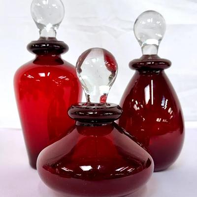 Trio of Ruby Red Decorative Perfume Bottles w/Clear Stoppers