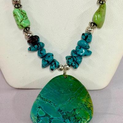 Sterling Navajo Turquoise Bead Necklace w/Large Turquoise Pendant