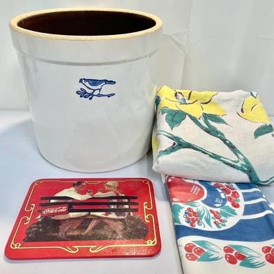 Vintage 2 Gallon Burley Clay Stoneware Crock, Linen Table Cloths And Coca-Cola Plaque