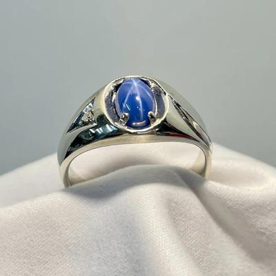 14K White Gold Blue Star Sapphire And Diamond Ring Size 7 (4.5g)
