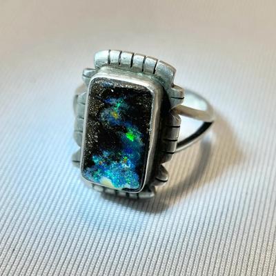 Sterling Black Boulder Opal Ring Size 8.5