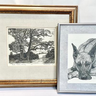 Etching By M.R. Bebb “Oaks” 7/150 And Ink Drawing By G. Marlo Allen “Great Dane” C. 1990